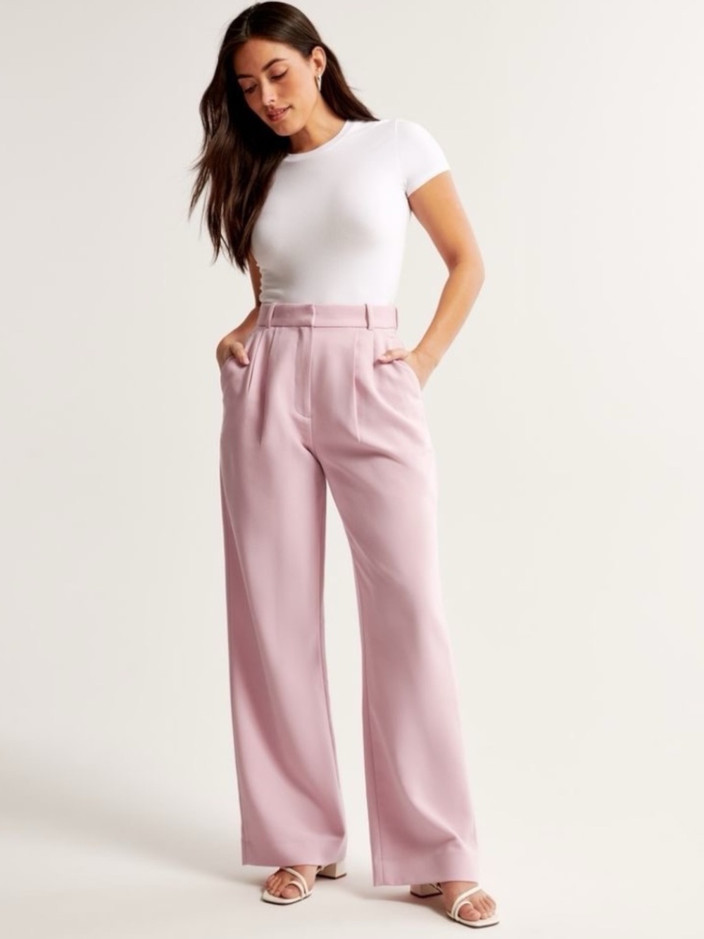 Abercrombie A&F Sloane Tailored Wide-Leg Pants High-Rise Pink 31 Long